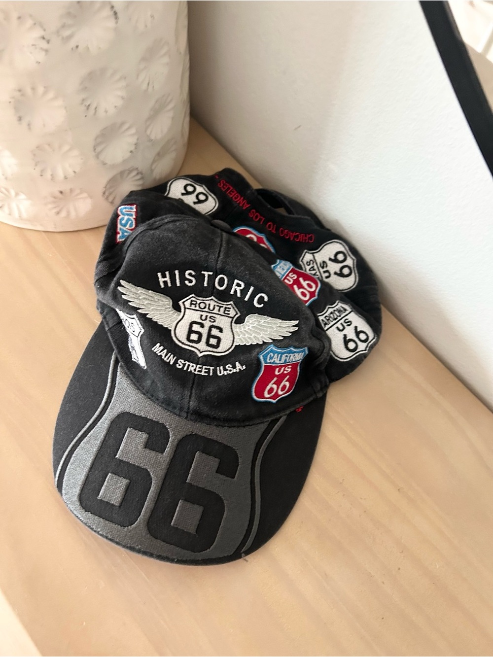 Unique Vintage Historic Route 66 Washed Black Baseball Cap Embroidered Patches